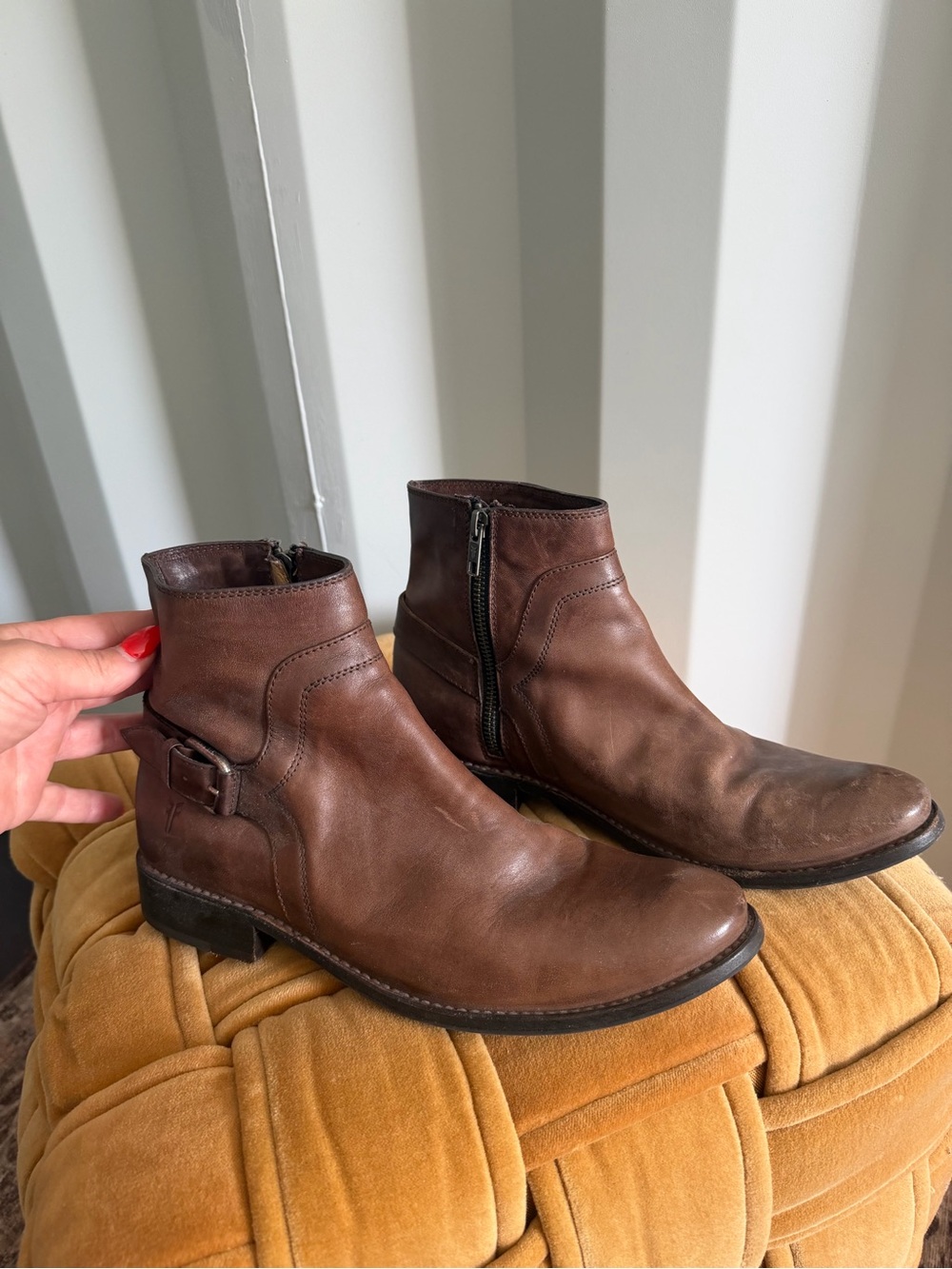 Frye Brown Leather Harness Buckle Ankle Boots 8.5 Moto Western